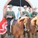 A row of 4 horses, each with a male and a female rider in flamenco costumes